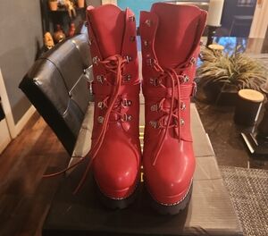 Liliana Red Combat Moto Boots with Chunky Sole